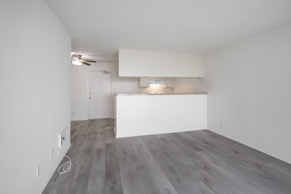 A room with a white wall and a wooden floor.