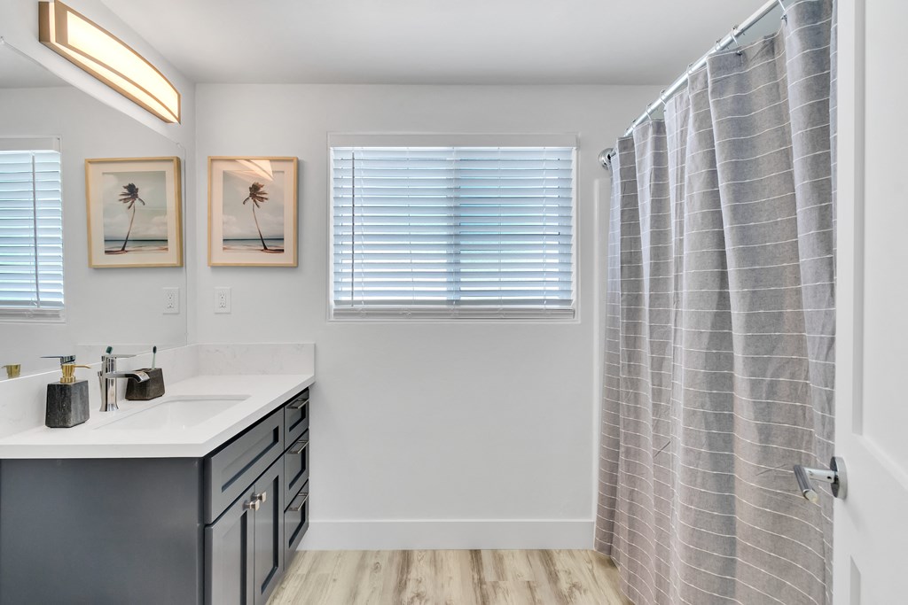 A bathroom with a white sink and a shower curtain.