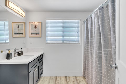 A bathroom with a white sink and a shower curtain.