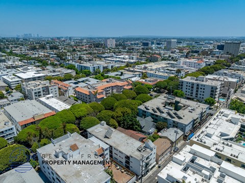 A bird's eye view of a cityscape with buildings and trees.