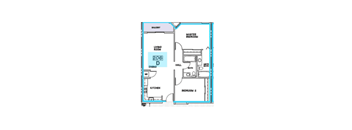 A blueprint of a house with a living room, kitchen, and two bedrooms.