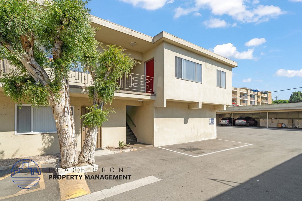 A building with a tree in front of it and a sign that says "Seafront Property Management".