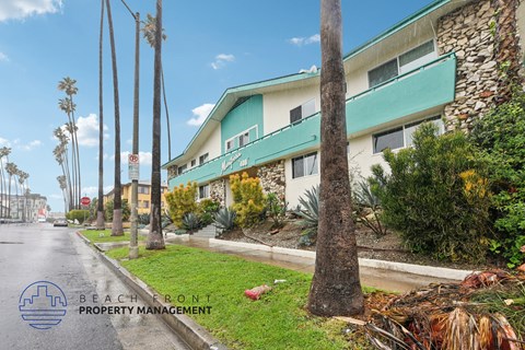 A street view with a building and palm trees.