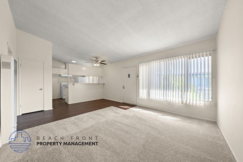 A spacious room with a carpeted floor and a ceiling fan.