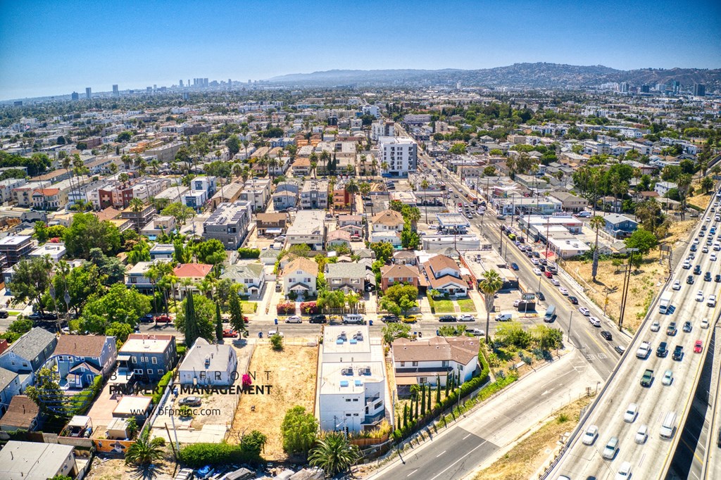 an aerial view of the city