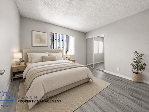 A bedroom with a large bed and a plant in a woven basket.