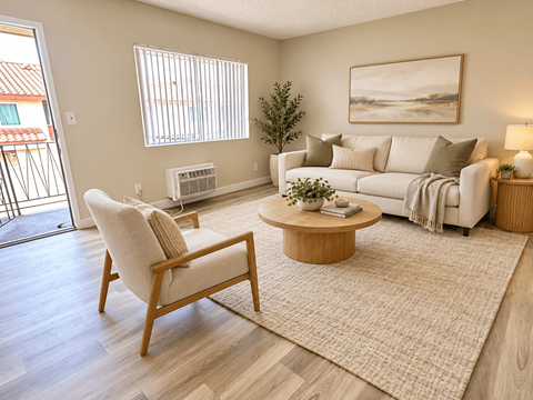 A living room with a white couch, a wooden chair, and a coffee table.