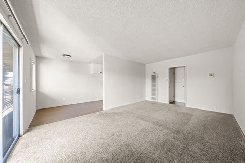 A spacious room with a carpeted floor and white walls.