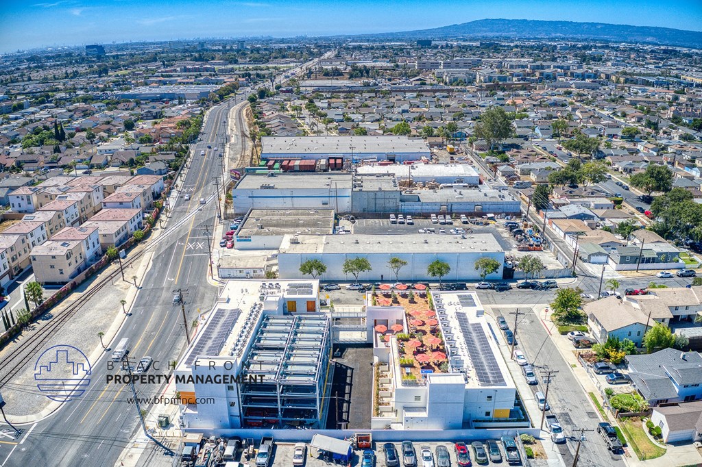 an aerial view of the city and its buildings