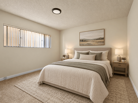 A bedroom with a large bed and a painting on the wall.