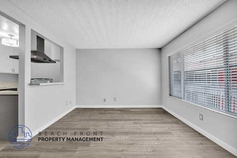 the spacious living room with a large window and wood flooring