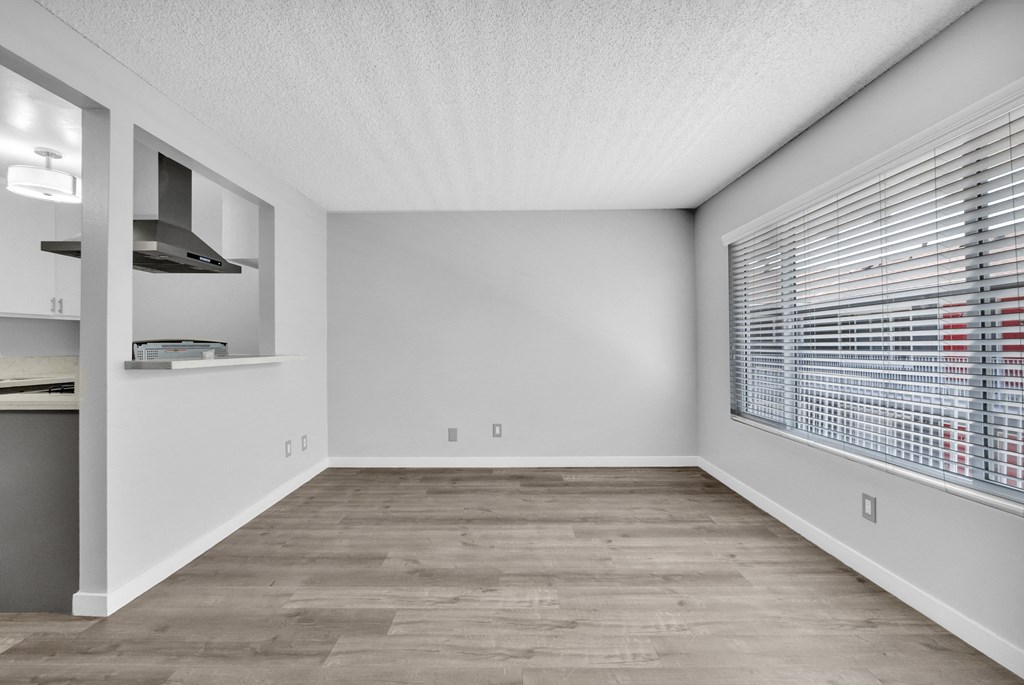 the spacious living room with a large window and wood flooring