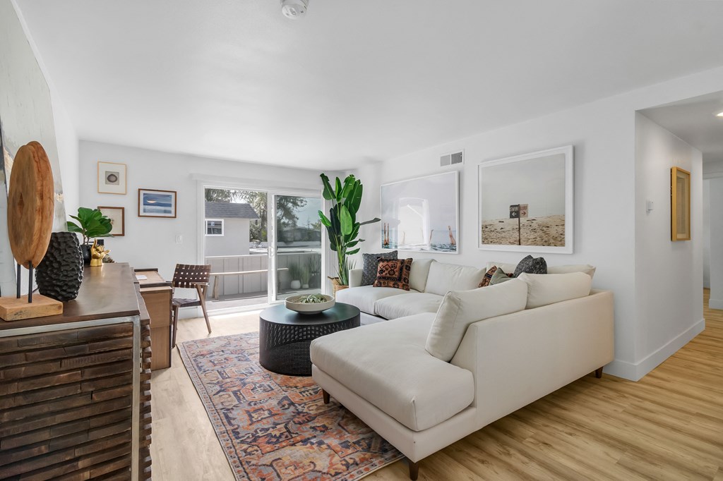 A living room with a white couch and a rug.
