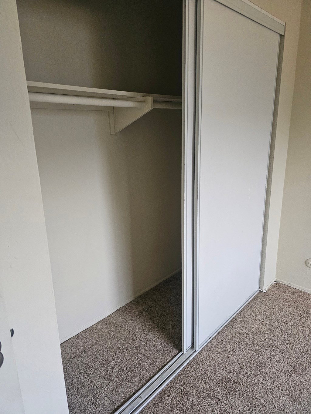 a closet with a sliding glass door and a carpet