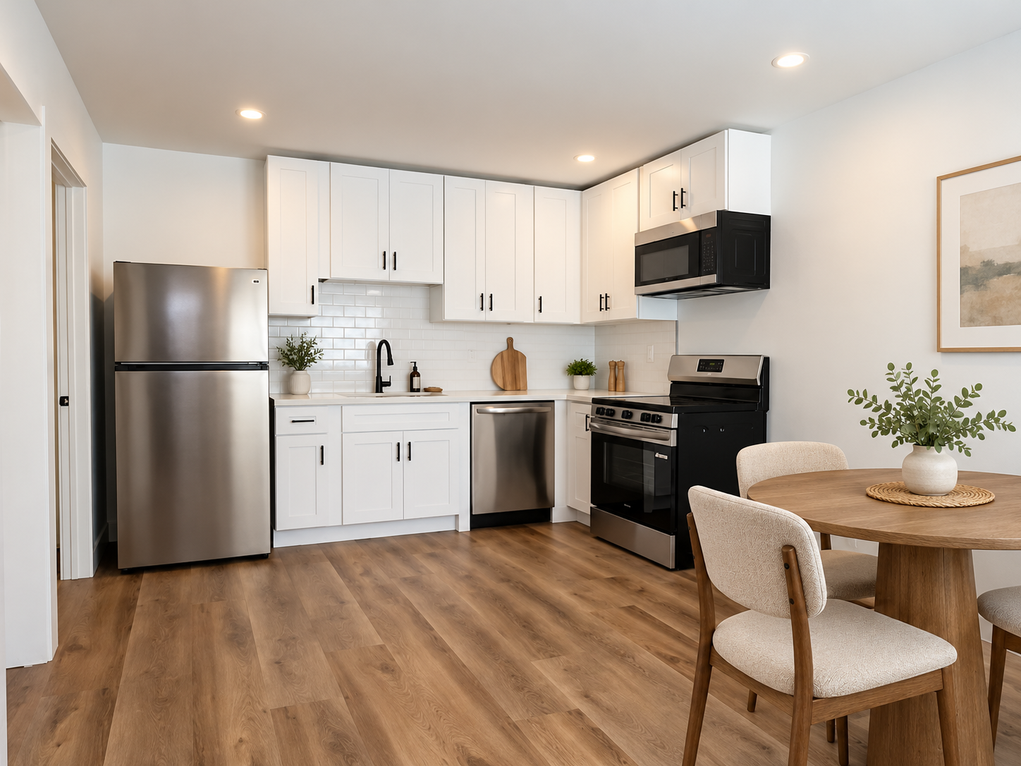 A modern kitchen with wooden floors and stainless steel appliances.