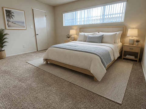 A bedroom with a large bed and a window with blinds.