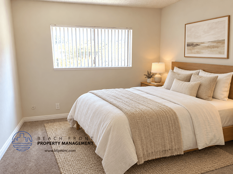 A bedroom with a large bed and a window with blinds.