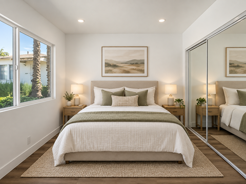 A bedroom with a large bed and a painting on the wall.