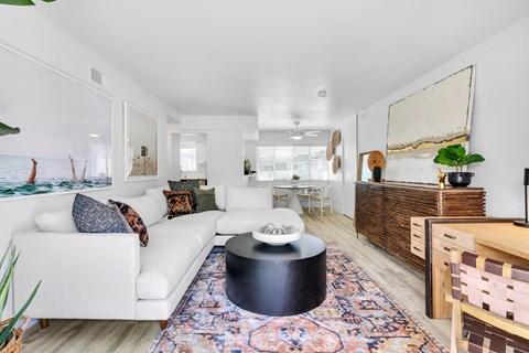 A living room with a white couch and a rug.