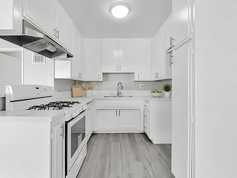 A white kitchen with a stove, sink, and refrigerator.
