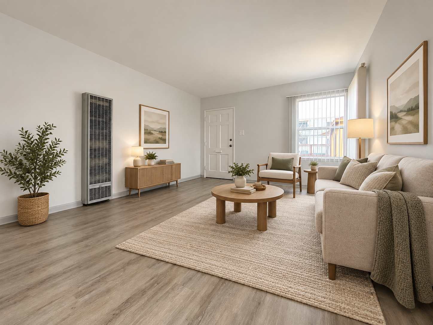 A living room with a couch, chair, and table.