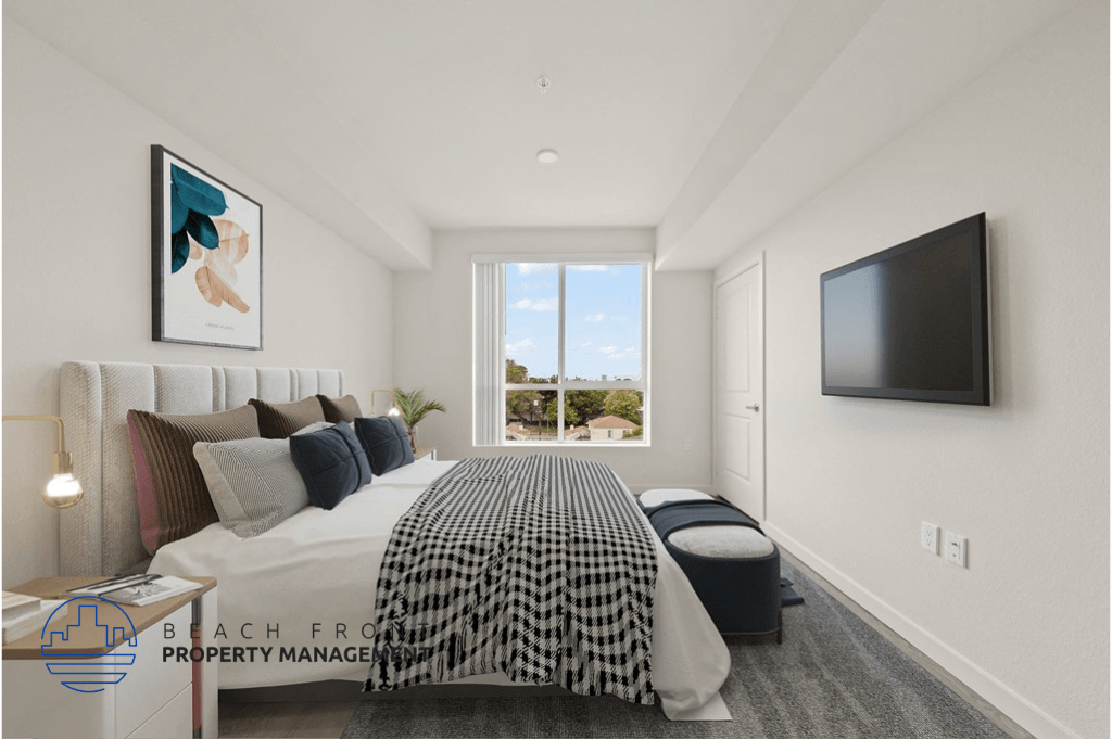 an image of a bedroom with a bed and a tv
