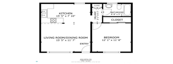 A floor plan of a small apartment with a kitchen, living room/dining room, bedroom, and bathroom.