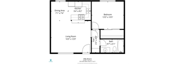 A floor plan of a house with a living room, dining area, kitchen, bathroom, and bedroom.