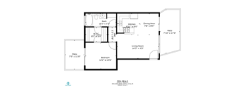 A floor plan of a house with a living room, kitchen, dining area, and two bedrooms.