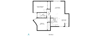 A floor plan of a house with a living room, dining area, kitchen, and two bedrooms.
