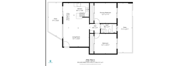 A floor plan of a house with a living room, kitchen, two bathrooms, and two bedrooms.