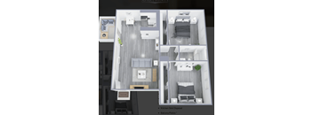 A 3D floor plan of a house with labeled rooms and furniture.