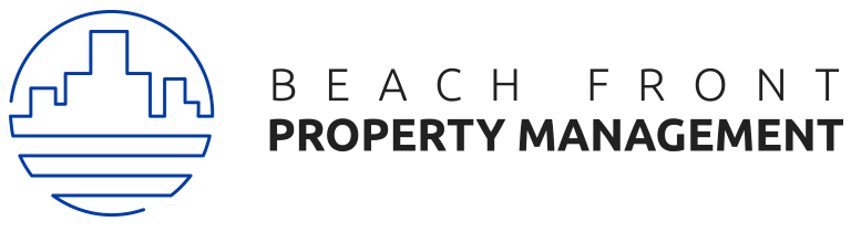 A logo with a city skyline and the words "Beach Front Property Management".