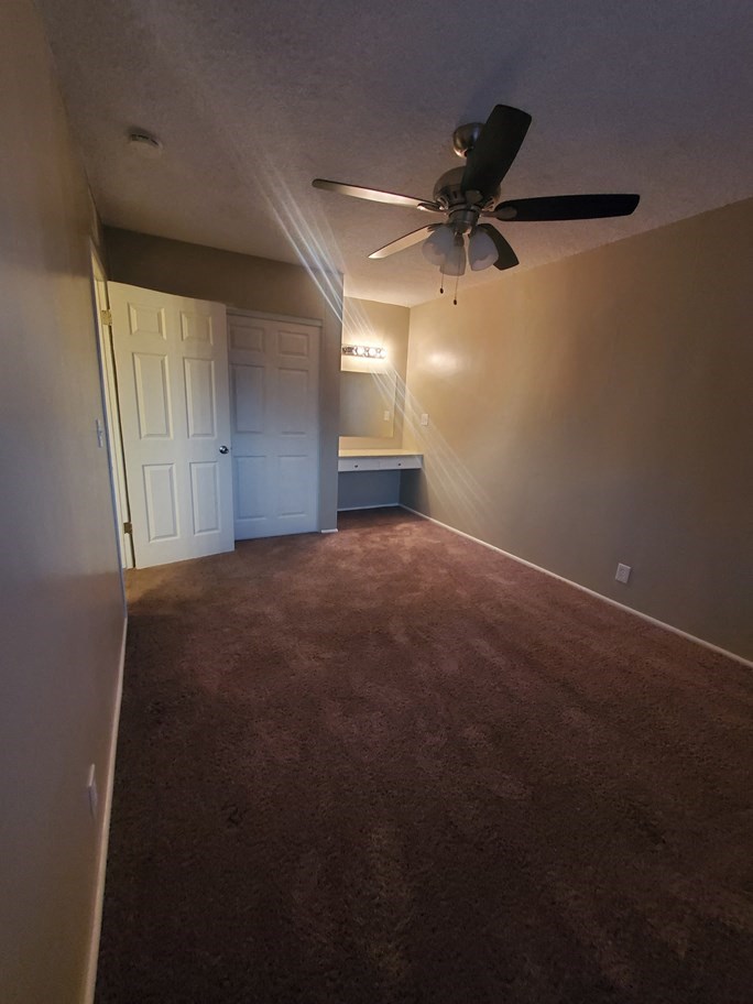 a room with a ceiling fan and a brown carpet