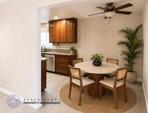 A dining room with a round table and chairs, a ceiling fan, and a kitchen area in the background.