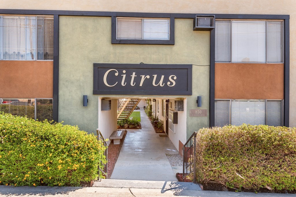 the entrance to a building with a sign that reads citrus on it