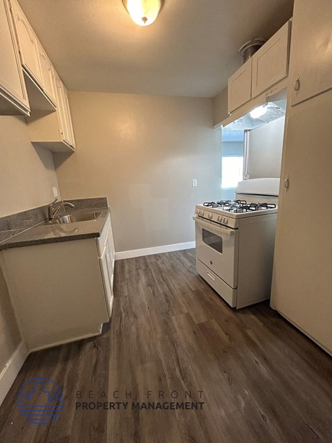 A kitchen with a stove and a refrigerator.