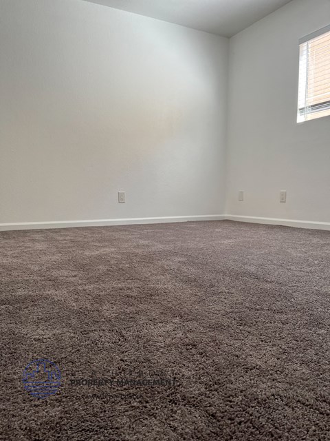an empty room with carpet and a window