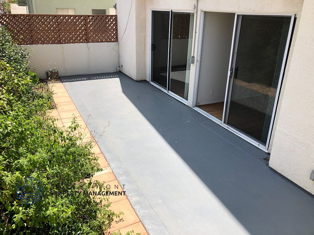 a patio in front of a building