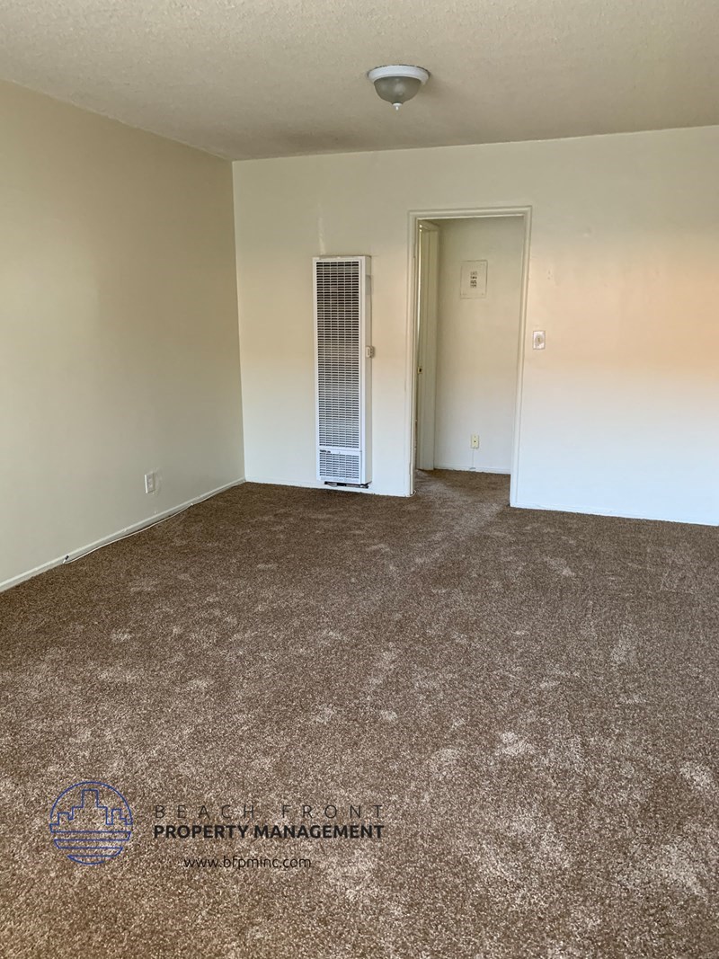 an empty living room with carpet and a door to a closet