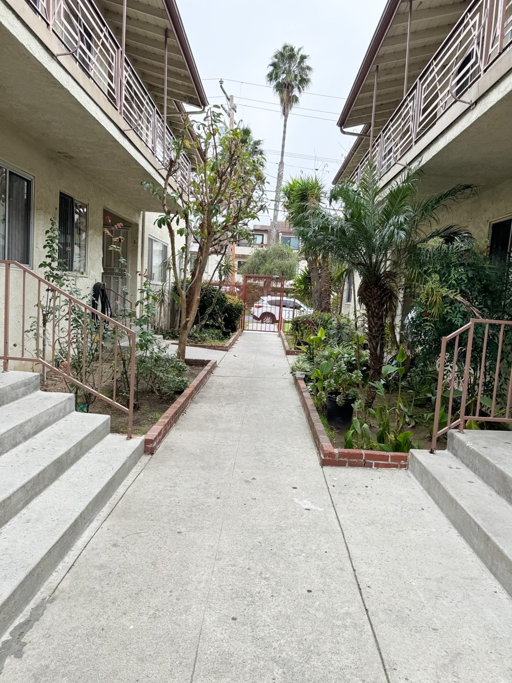 an empty sidewalk in front of a building with trees and plants