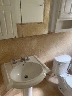 a bathroom with a sink and a toilet and a mirror