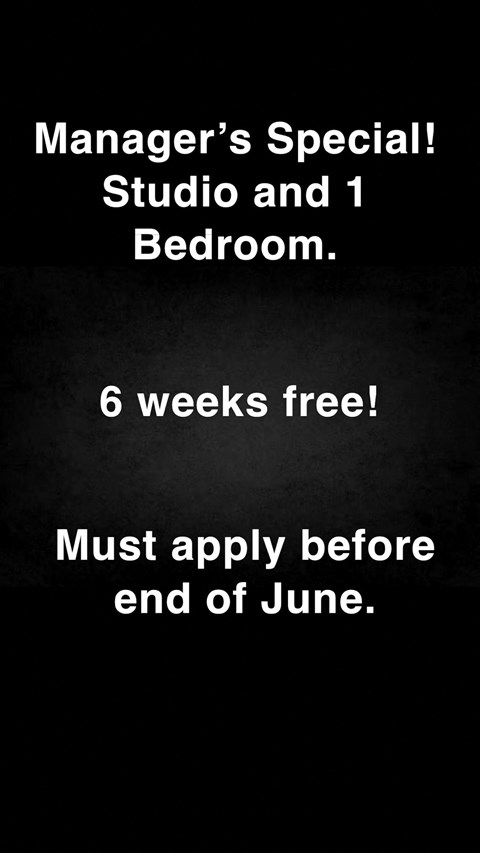 a black and white image with the text managers special studio and 1 bedroom