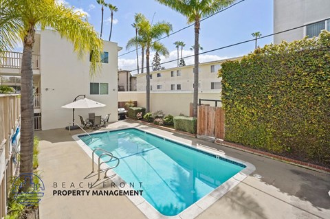A pool surrounded by a patio and palm trees.