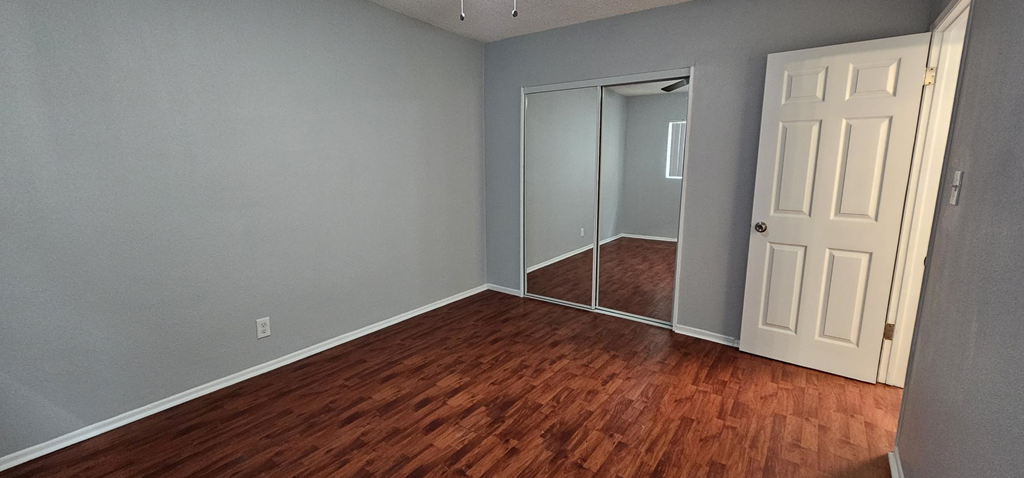 a living room with a hard wood floor and a closet