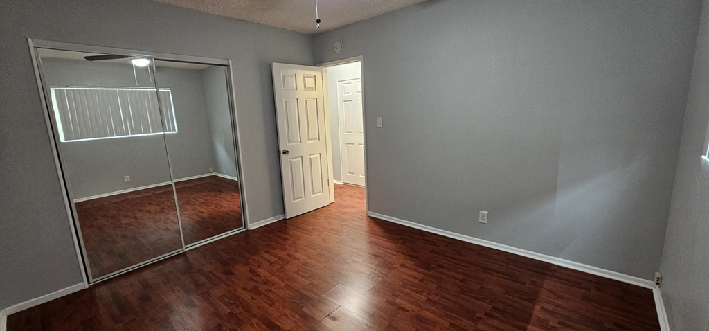 a living room with a hard wood floor and a mirrored closet