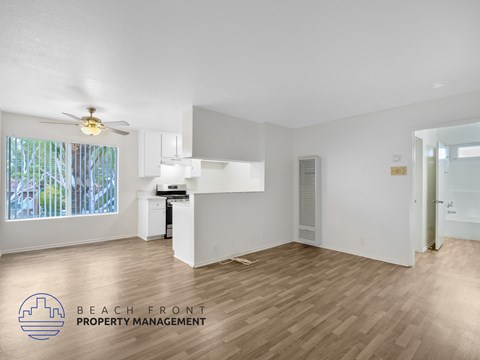 A spacious room with wooden flooring and a ceiling fan, with a window showing trees outside.