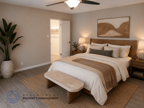 A bedroom with a large bed and a ceiling fan.