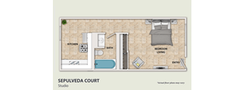 A floor plan of a studio apartment with a kitchen, bath, bedroom, and living room.