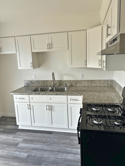 a kitchen with white cabinets and granite counter tops and a sink